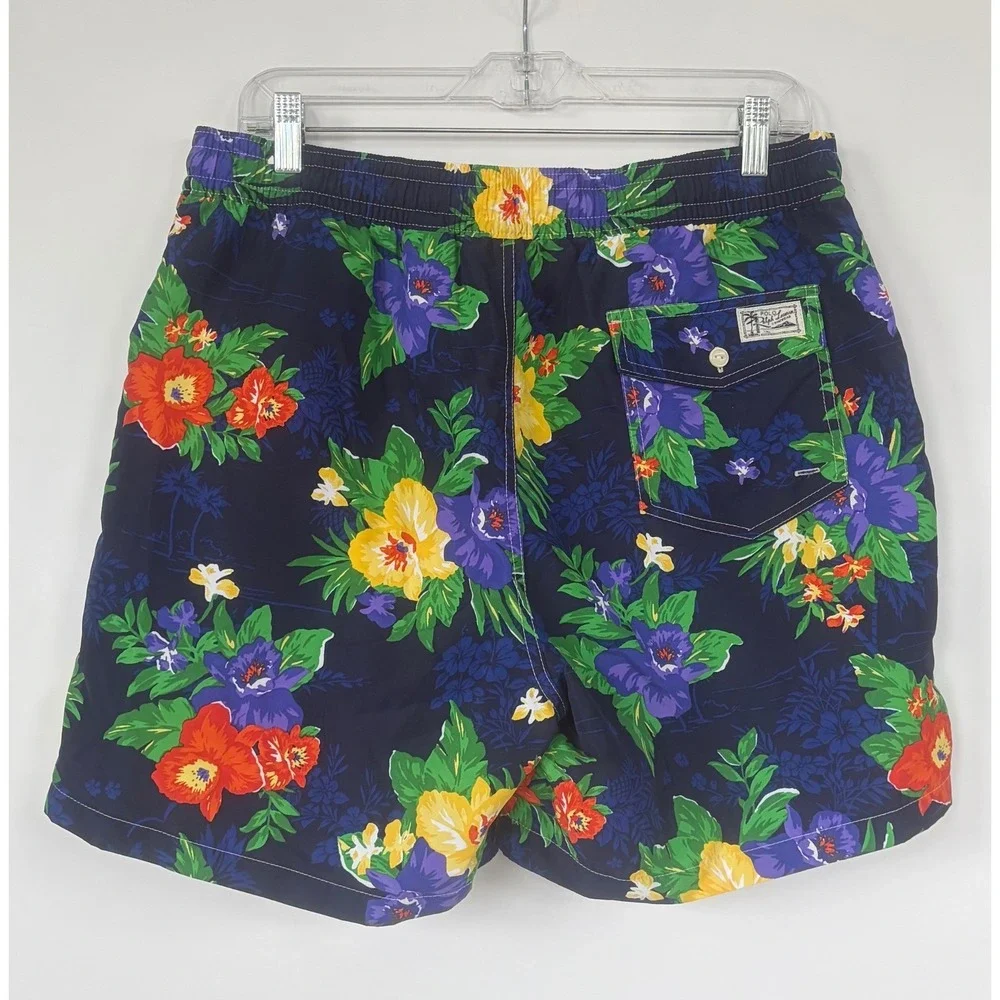 Polo Ralph Lauren Men M Floral Swim Trunks Navy Blue Tropical Hibiscus Short NEW